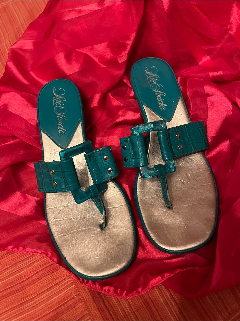 Life Stride Teal Croc-Embossed Buckle Thong Sandals